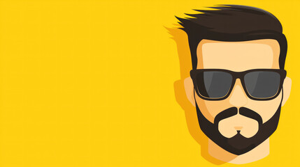 Wall Mural - A man with a beard and sunglasses is the main focus of the image. The yellow background adds a pop of color and creates a fun, playful mood. The sunglasses give the man a cool, confident look