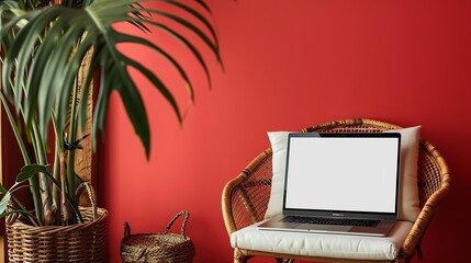 Aufkleber - Laptop computer with blank screen on comfortable rattan chair against red color wall Aesthetic template with mockup copy space Online store blog social media website branding Online sh : Generative AI
