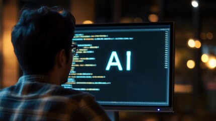 Programmer Working on AI Code at Night