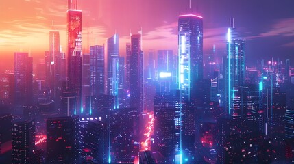 Sticker - Futuristic City Skyline with Vibrant Neon Lights and Towering High Tech Skyscrapers