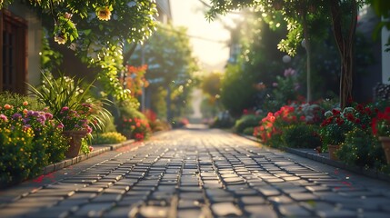 Poster - Empty street at the nice and comfortable garden at the morning with lovely beautiful sky : Generative AI