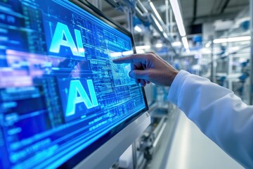 A Person Interacting with a Screen Displaying AI Text in a Factory Setting