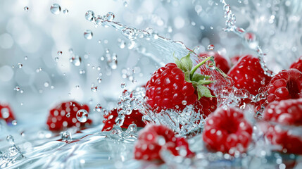 Wall Mural - Fresh raspberries submerged in clear water, captured mid-splash, creating a refreshing and vibrant scene that showcases the juicy and delicious nature of the fruit.