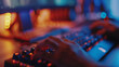 © VK Studio - Close-up of hands typing on an illuminated mechanical keyboard, the backdrop awash with the soft glow of RGB lighting.