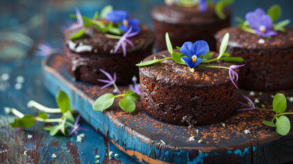 Decadent homemade chocolate cakes garnished with borage microgreens on a blue wooden platter. Shot from the side, close-up with selective focus.