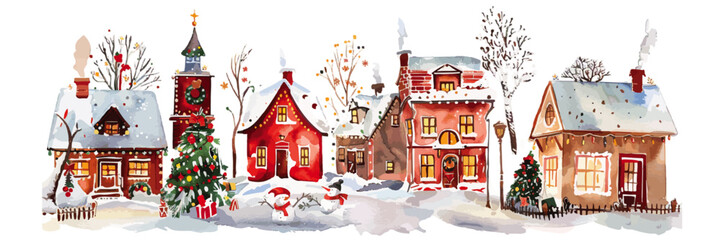 charming watercolor painting of a winter village adorned with snow, featuring cozy houses, a decorat