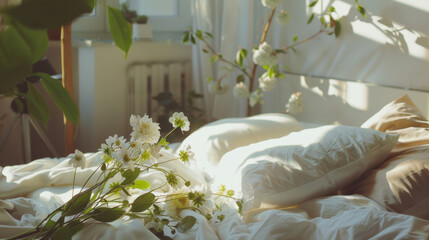 Wall Mural - An inviting bed adorned with white pillows and delicate flowers basking in sunlight through a nearby window.