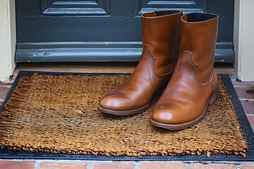 Poster - Stylish Brown Leather Boots on a Rustic Welcome Mat