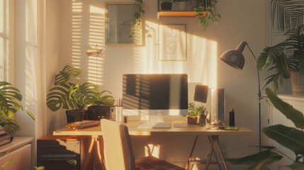 Sticker - Sunlight filters through the window, illuminating a cozy home workspace filled with plants and warm decor.