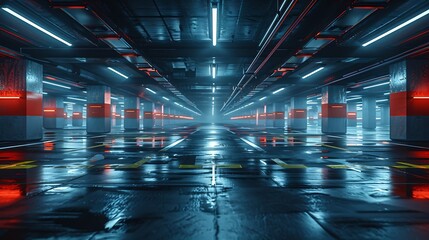 Poster - Sci fi looking dark and moody underground parking lot with fluorescent lights on  Long hall : Generative AI