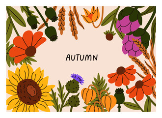 Fototapete - Autumn card. Floral botanical background, fall season garden flower blossoms frame. Beautiful backdrop, natural postcard design with delicate wildflowers. Colored flat graphic vector illustration