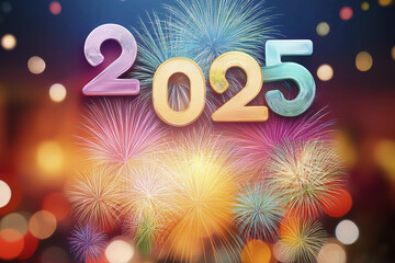 2025. Happy New Year 2025. Sparkling New Year. 2025 balloons. Wooden block with change from 2024 to 2025. Heading to a new year. Background design and congratulations. Design with fireworks. Space.