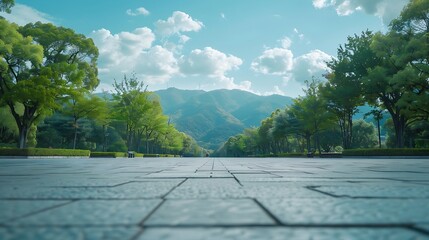 Poster - empty square floor and green mountain nature landscape in city park : Generative AI
