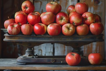 Wall Mural - A Bountiful Display of Fresh Red Apples on a Vintage Scale