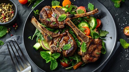 Wall Mural - lamb chops with mint and summer salad a ketogenic diet meal : Generative AI