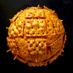 Poster - Cheese Cracker Sphere on Black Background. This unique food sculpture captures attention with its creative design. Great for culinary art and food photography. AI