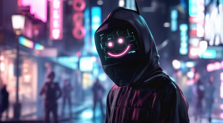 Poster - A futuristic robot with a smiley face display on its helmet, wearing a hooded jacket, in a neon-lit urban environment at night.