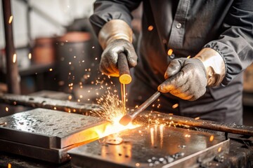 Work at the factory. Working professions. Men's hands in protective gloves with metal. There are sparks around. Hard work that requires high concentration and professionalism.