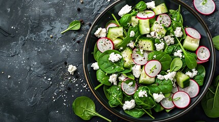 Wall Mural - Spinach and cottage cheese fresh green vegetable salad with radish cucumber and yogurt healthy diet food top view : Generative AI