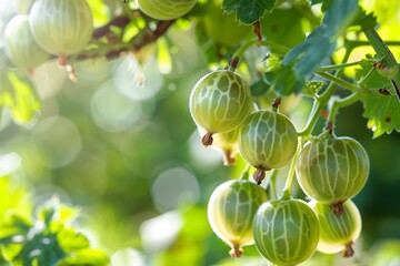 Tender gooseberry on a branch in the garden on a blurred green background, agribusiness business concept, organic healthy food and non-GMO fruits with copy space
