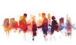 © IBEX.Media - Double-exposure watercolor image of business people interacting against a cityscape backdrop