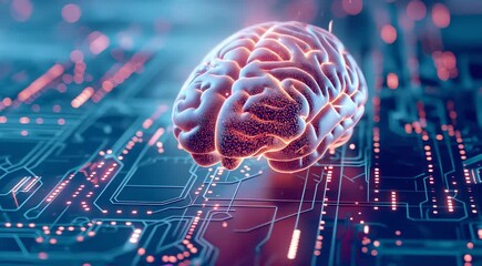 Poster - Digital representation of a brain with interconnected circuits symbolizing artificial intelligence and neural networks over a circuit board.