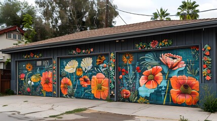 A house with three garage doors painted in bright colors and flowers