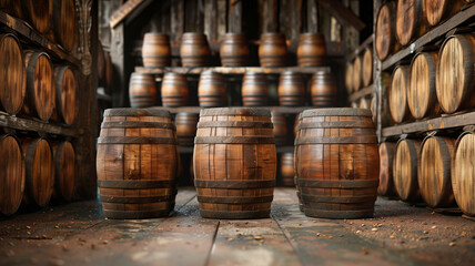 Stack of wooden wine barrels in a dark warehouse