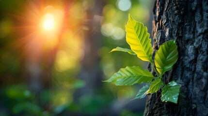 Poster - Fresh Green Leaves Sprouting on Tree in Spring Representing Renewal and Life Cycle