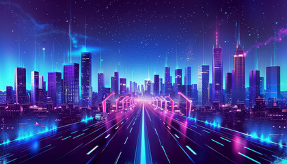 Sticker - A cityscape with neon lights and a highway in the background