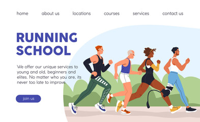 Sticker - Running school, website template. Active people jogging in park, outdoor cardio exercise, web site design. Sports activity, landing page layout with runners, joggers. Flat vector illustration