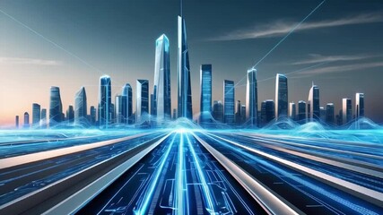 Wall Mural - Futuristic city with glowing lines.