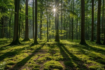 Beautiful sunny morning in green forest, Generative AI 