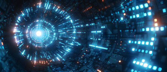 a long digital pipeline shaped by vibrant, glowing blue matrix binary code. isolated on black background design