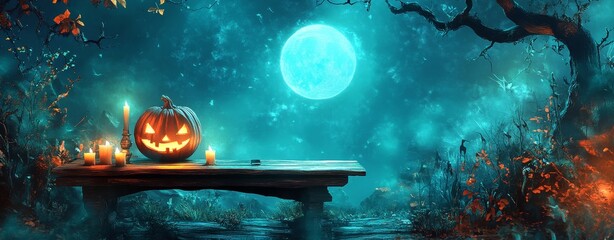 Wall Mural - Halloween themed concept photography with a wooden plank and pumpkins on the side, behind it is a beautiful scenic moonlight, scary haunting atmosphere