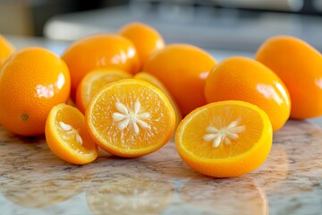 Freshly cut citrus fruits displayed on a countertop in a modern kitchen environment