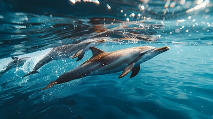 Wall Mural - Playful Dolphins Swimming Alongside a Boat in the Joyful Marine Scene