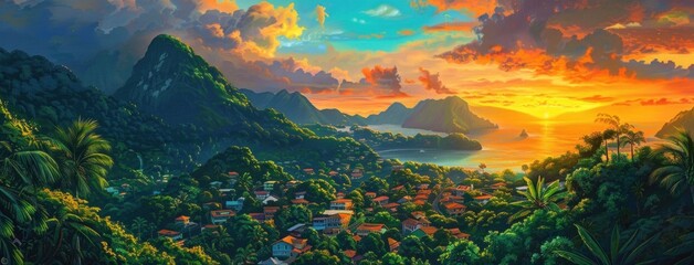 Wall Mural - Vibrant sunset over a tropical landscape with mountains, lush greenery, and a serene coastline The sky displays vivid colors of orange, yellow, and blue