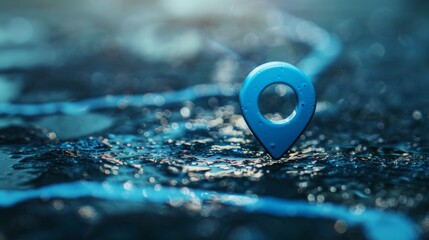 Sticker - Digital map with blue pin icon, no text. Water droplets mentioned but not visible. Background color matches pin for cohesive navigation theme.