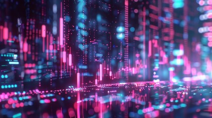 Wall Mural - Abstract Cityscape with Neon Lights and Digital Data Flow