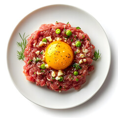 Wall Mural - Top view Fresh Steack Tartare topped with a raw egg isolated on white background