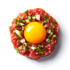 Wall Mural - Top view Fresh Steack Tartare topped with a raw egg isolated on white background