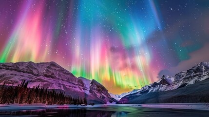 Canvas Print - Northern Lights Above a Snowy Mountain Range