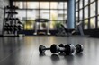 © Fariha - 3D rendering, dumbbells on the floor in concept fitness room with training equipments in the back