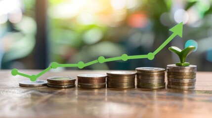 A green arrow pointing upward above stacks of coins with a plant