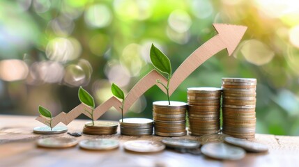 Canvas Print - Growth and Prosperity: Coins Stacked with Arrow and Greenery