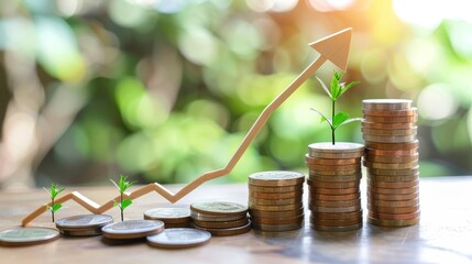 Canvas Print - Stacks of coins with growing plants and an upward arrow symboliz