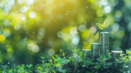 Wall Mural - A Stack of Coins Surrounded by Lush Greenery and Butterflies in