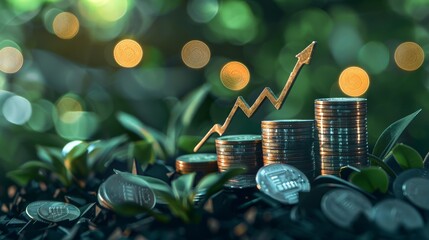 Canvas Print - Golden Arrow Rising Above Stacks of Coins in Lush Greenery