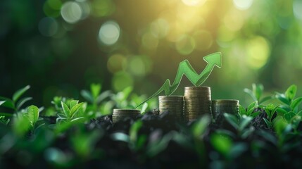 Canvas Print - A Green Arrow of Growth Emerging from a Stack of Coins in a Lush